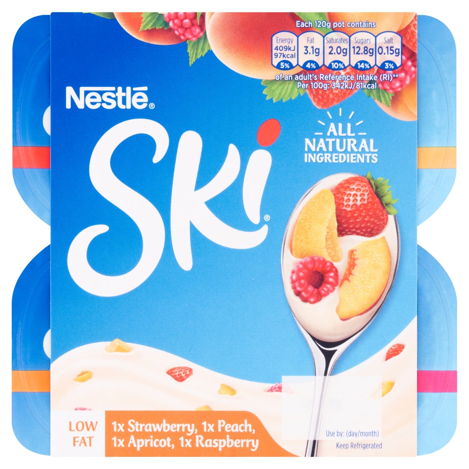 Ski Fruit Pieces Low Fat Straw Peach Apricot Rasp Yogurt 4 x 120g